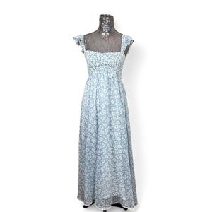 Cottagecore Chiffon Floral Blue Maxi Dress Medium Ruched‎ Bust Flutter Sleeve